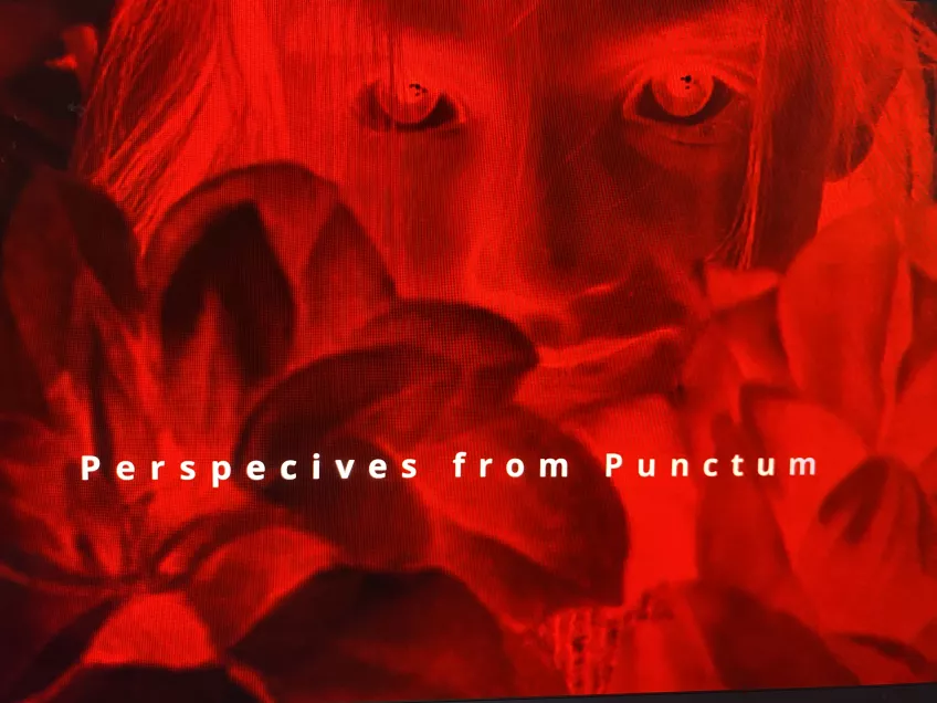 Red images of close-up of face and the text 'Perspectives from Punctum'