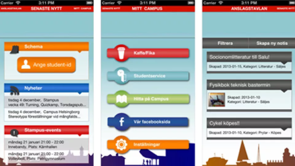 Skärmbilder av Campus Helsingborgs app