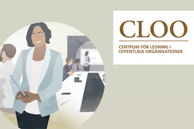 Cloo omslag liggande.jpg Illustration av en person i kavaj. Text: "CLOO – Centrum för ledning i offentliga organisationer".