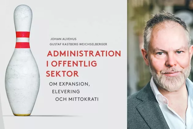 Till vänster omslag till boken "Administration i offentlig sektor". Till höger porträtt på Johan Alvehus.