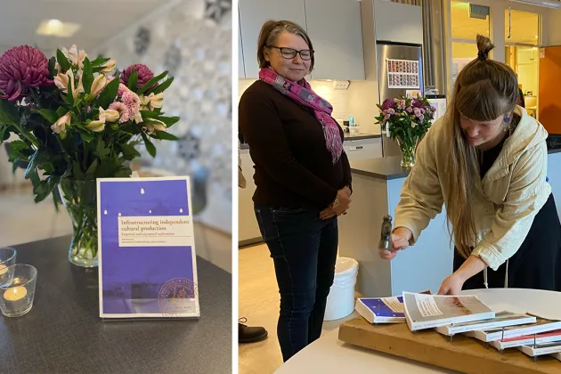 Till vänster blommor och bok. Till höger, person som spikar.