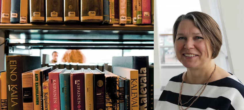 Till vänster är rader av böcker på ett bibliotek, till höger är ett porträtt av Katja Lindqvist
